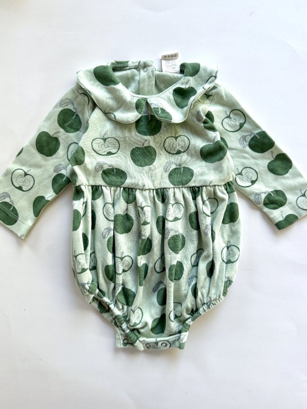 Kate Quinn Apple Print Peter Pan Collar Bubble Romper Sage Green 6-12M